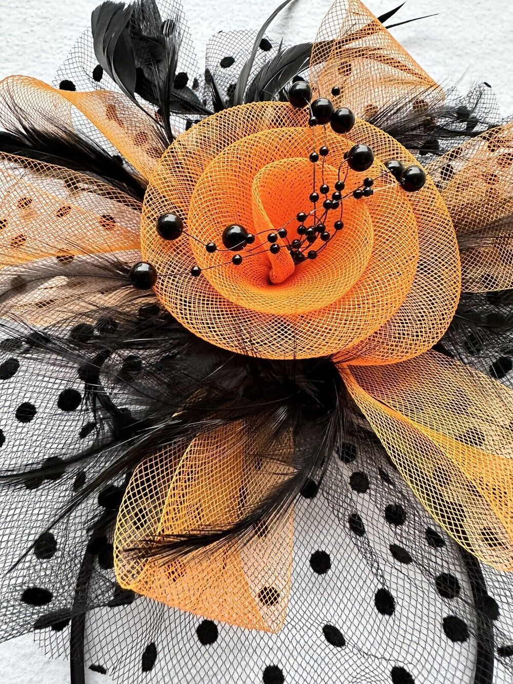 Orange/Black Feather Mesh Fascinator Hat Clip/Band Wedding Tea Cocktail Party